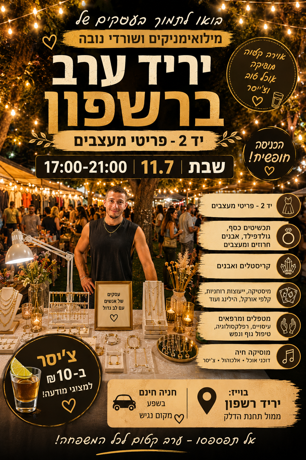 Read more about the article יריד ערב ברשפון בשבת 11.7 : יד 2, אמנות, תכשיטים, מיסטיקה, אוכל ומוסיקה ועוד. פרטים מלאים כאן